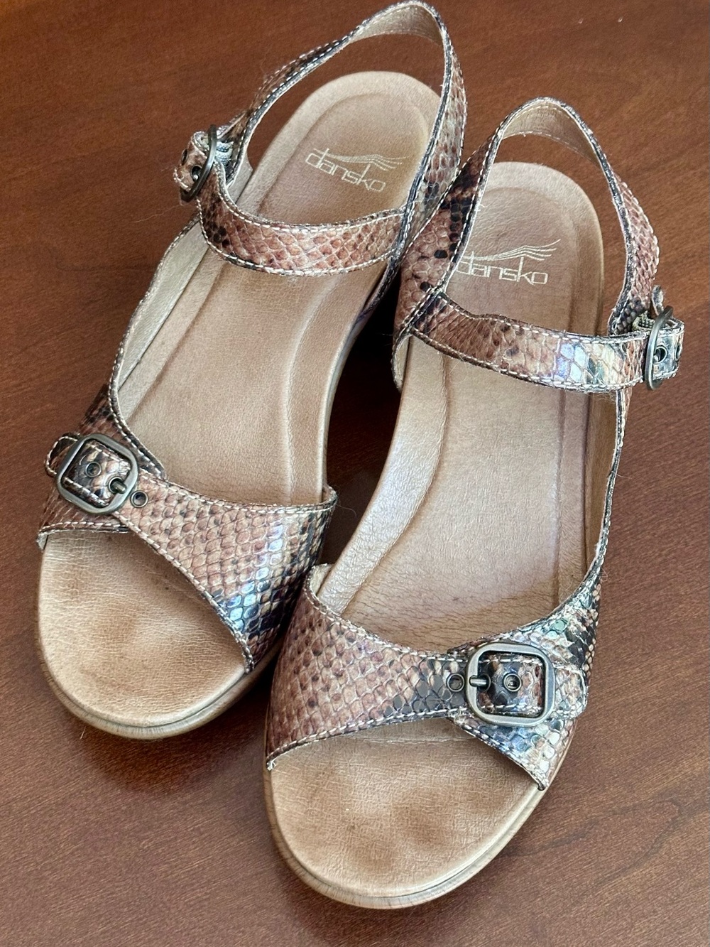 Dansko Women's Snake-Print Brown/Tan Leather Buckle Sandals